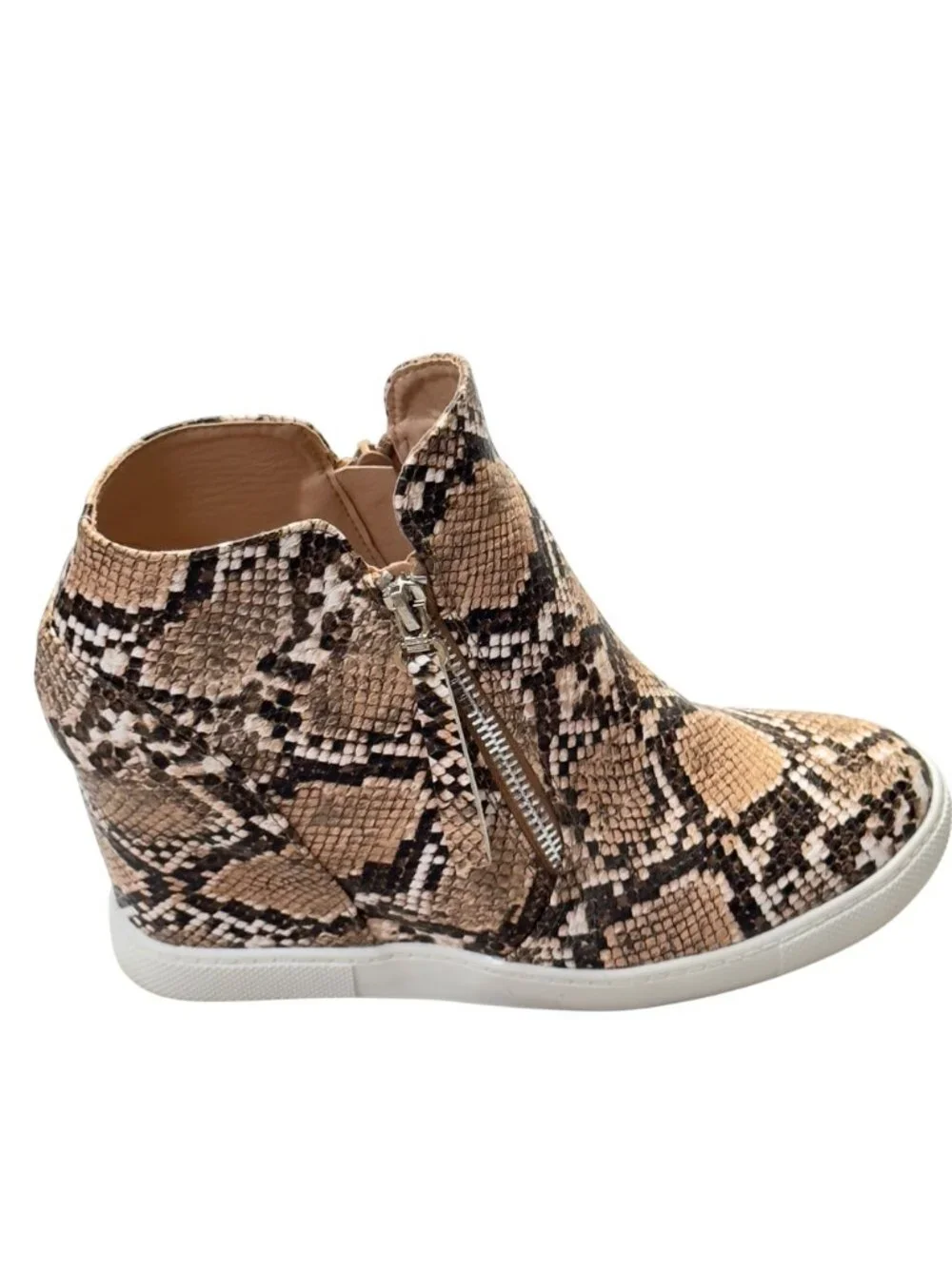 Snakeskin Print Wedge Ankle Boots With Side Zipper & Rubber Sole